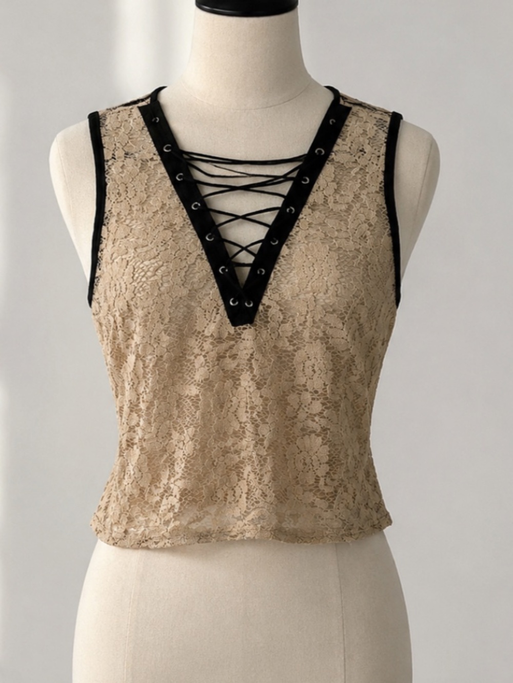 Vintage Y2K Beige Sheer Floral Lace Tank Top Black Lace-Up Front Sleeveless XS